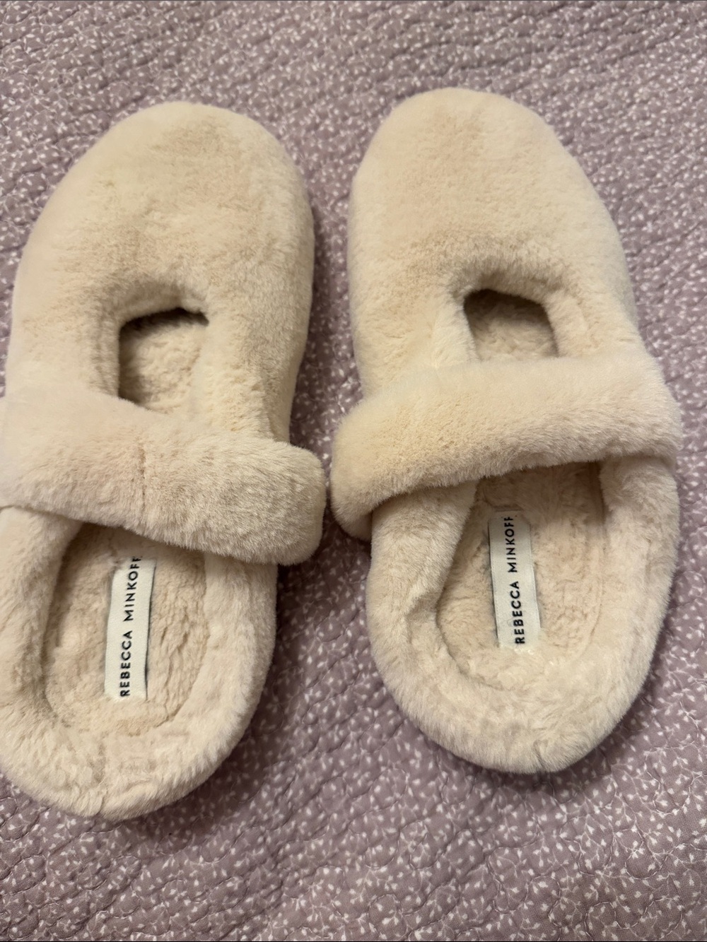 Rebecca Minkoff Plush Faux-Fur Slip-On Slippers in Cream